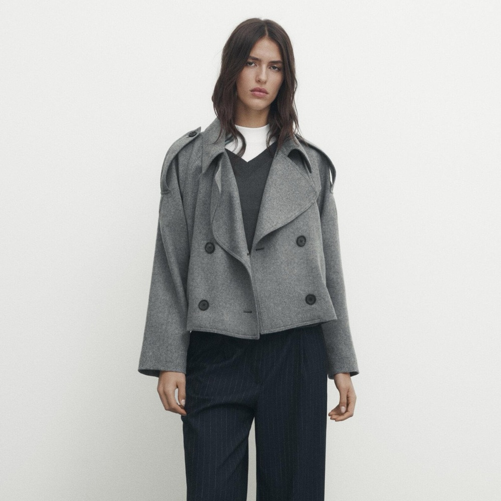 MASSIMO DUTTI CROPPED WOOL BLEND FLANNEL TRENCH COAT Gray M